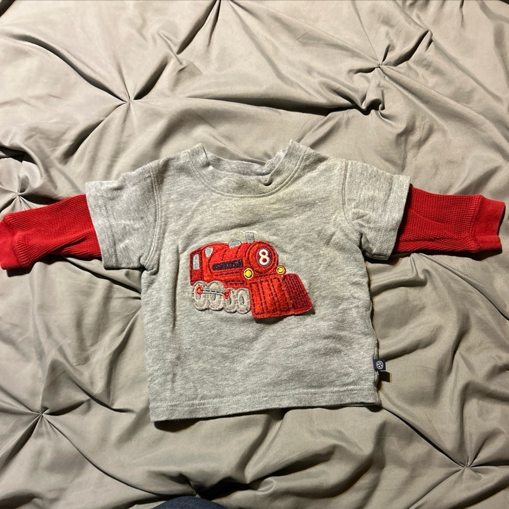 Vintage Oshkosh Baby Blue Red & Grey Long sleeved Shirt W/ Train 6-9 Months 90s